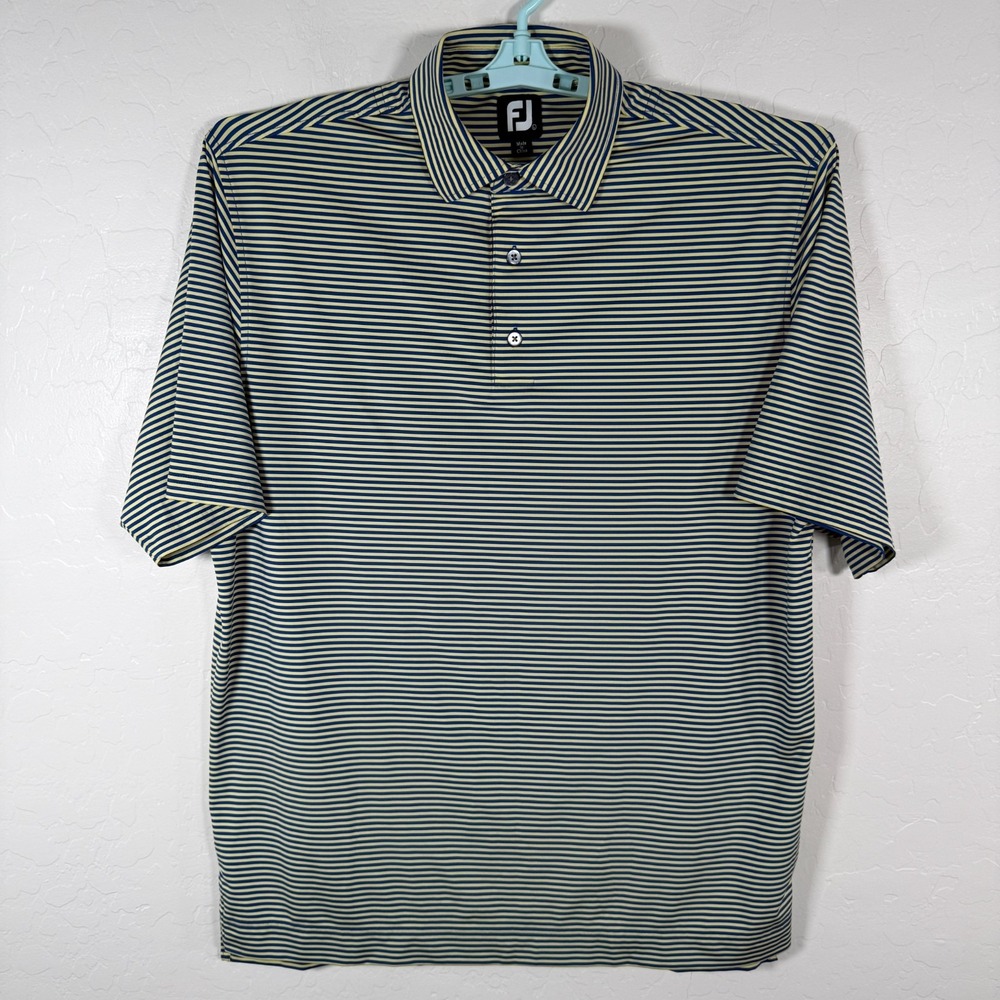 Footjoy‎ Polo Shirt Mens Large Yellow Blue Golf Performance Stretch Striped - Picture 2 of 9